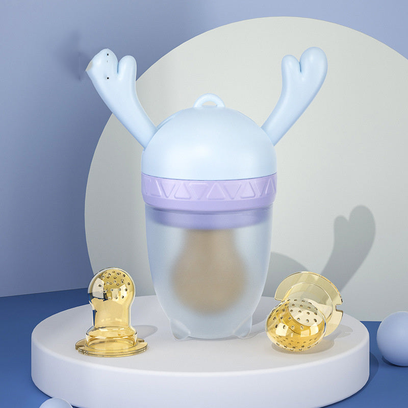 Soft silicone baby teether nipple with molar stick design and food feeder for safe teething and feeding.