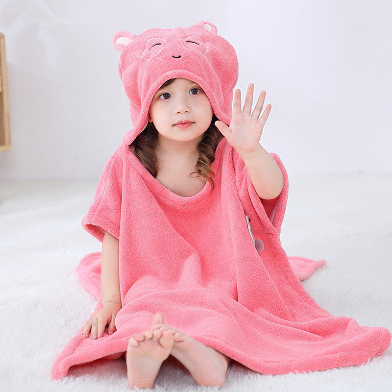 Infant hooded towel in pink with bear ears, made from antibacterial coral fleece. Ideal baby bathrobe for toddlers after bathing.