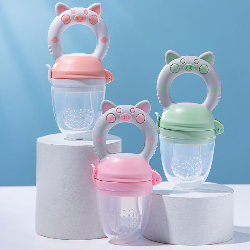 Baby food teether for introducing fruit and vegetable solids; soft silicone feeder soothes teething and encourages self-feeding.