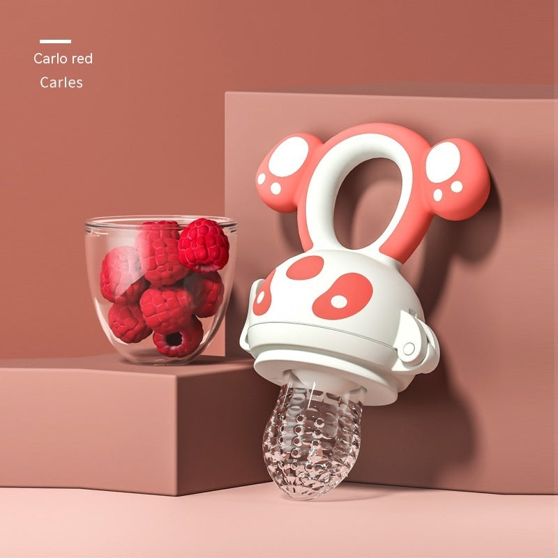 Happy Bite baby fruit feeder teether with soft silicone for introducing non-staple food and soothing teething discomfort.
