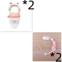 Baby fruit and vegetable feeder with silicone teether, ideal for feeding solids and soothing gums.
