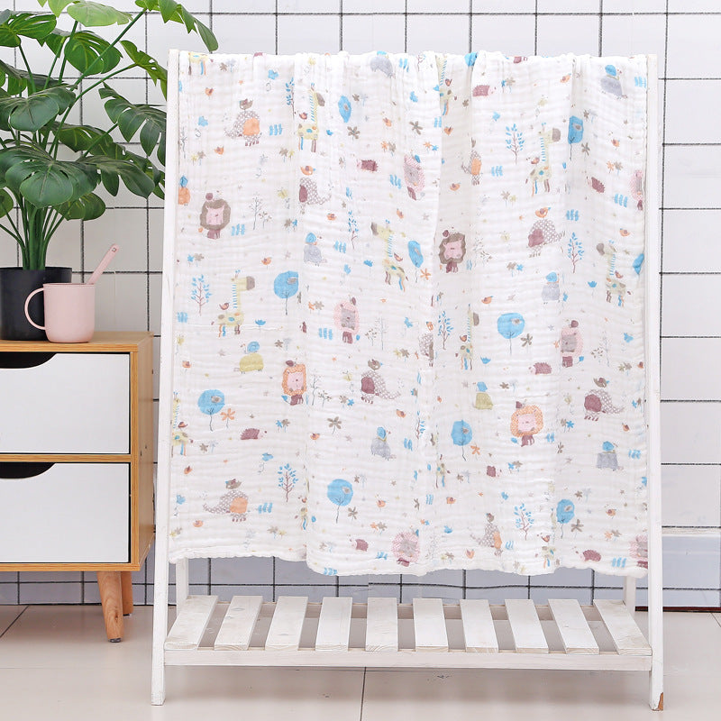 Fox and tree print cotton baby bath towel with six-layer seersucker quilt, ideal for quick drying and baby comfort.