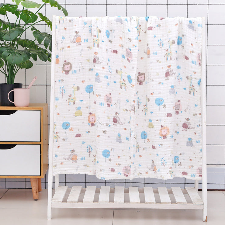 Fox and tree print cotton baby bath towel with six-layer seersucker quilt, ideal for quick drying and baby comfort.
