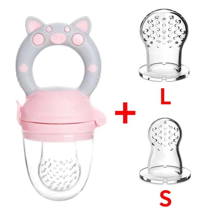 Baby food teether for introducing fruit and vegetable solids; soft silicone feeder soothes teething and encourages self-feeding.
