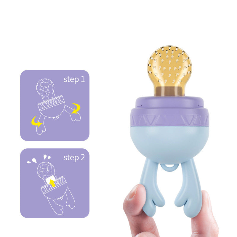 Soft silicone baby teether nipple with molar stick design and food feeder for safe teething and feeding.
