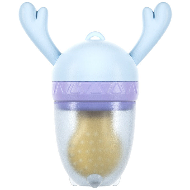 Soft silicone baby teether nipple with molar stick design and food feeder for safe teething and feeding.
