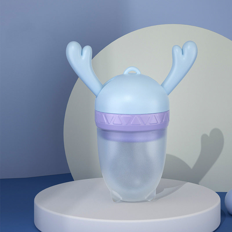 Soft silicone baby teether nipple with molar stick design and food feeder for safe teething and feeding.
