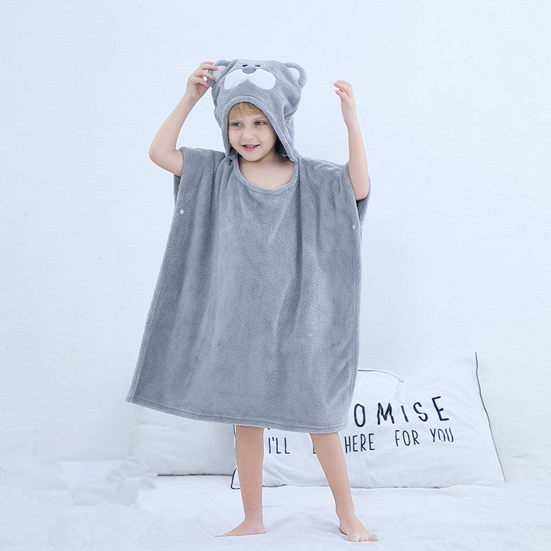 Infant hooded towel bathrobe in grey with bear ears, made from soft coral fleece. Antibacterial and ideal for baby bath time comfort and warmth.