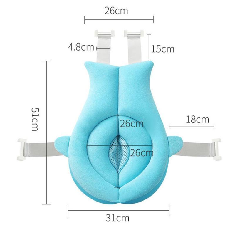 Detailed dimensions of Baby Shower Bath Net in Sea Heart Blue, showing strap lengths and cushion size for accurate fitting in tubs.