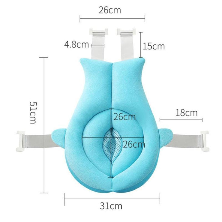 Detailed dimensions of Baby Shower Bath Net in Sea Heart Blue, showing strap lengths and cushion size for accurate fitting in tubs.