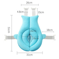 Detailed dimensions of Baby Shower Bath Net in Sea Heart Blue, showing strap lengths and cushion size for accurate fitting in tubs.