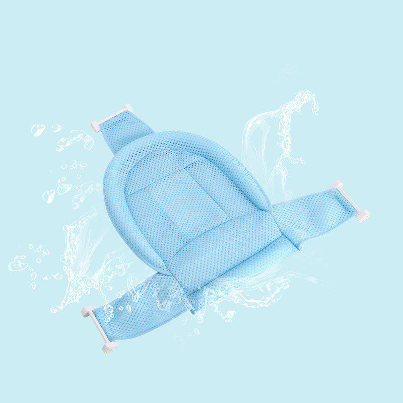 Newborn blue bath net with white buckles, T-shaped for easy and safe bathing. Soft mesh material ensures comfort and quick drying.