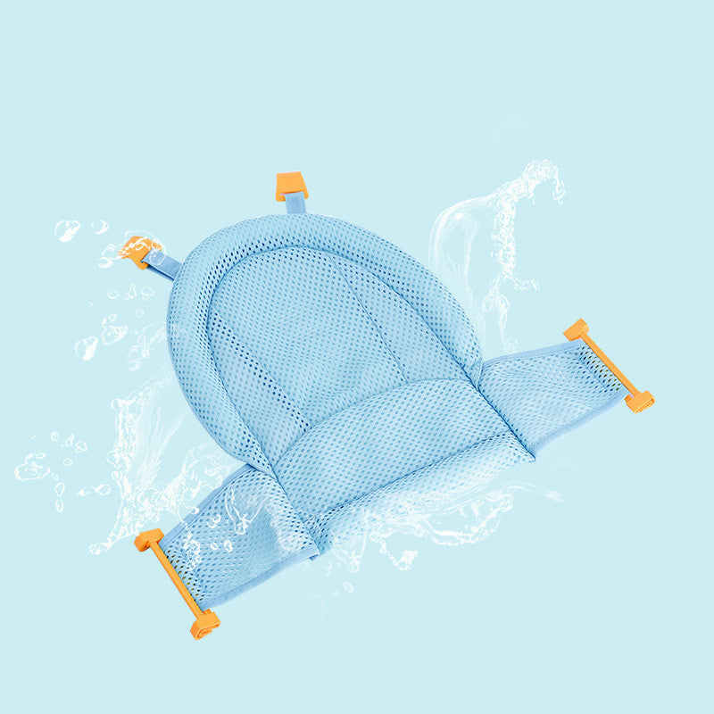 Blue newborn bathing net with yellow buckles, T-shaped for secure baby bath support. Mesh fabric offers comfort and water drainage.