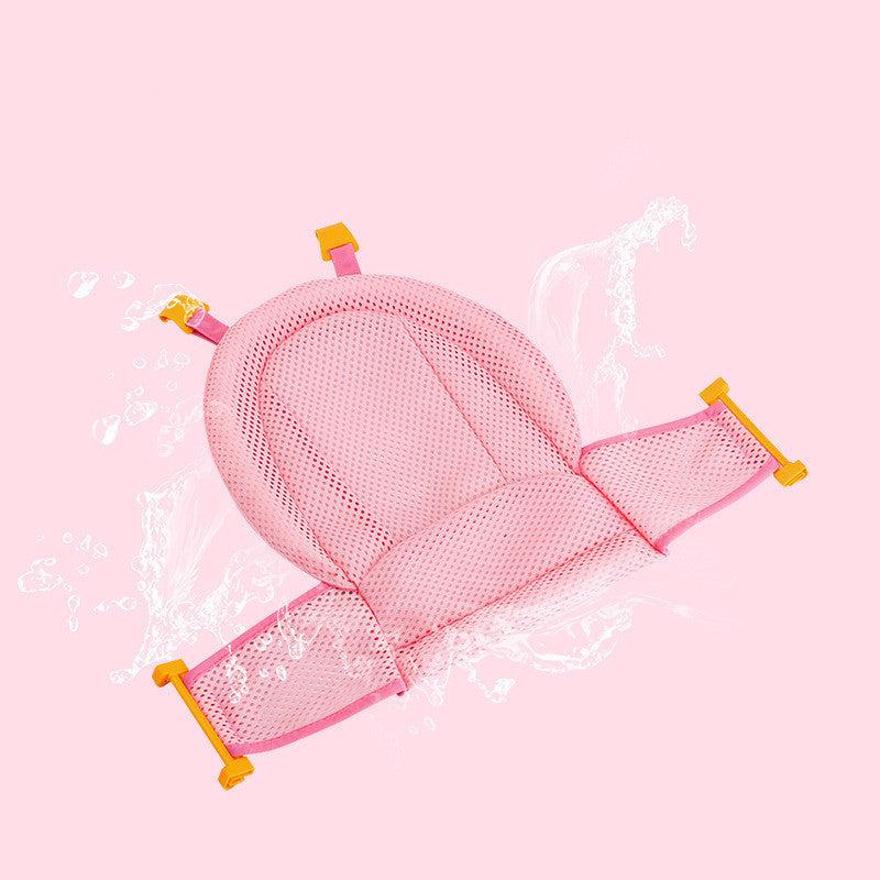 Pink T-shaped baby bath net with yellow buckles for newborns. Mesh design offers secure and breathable support during bath time.