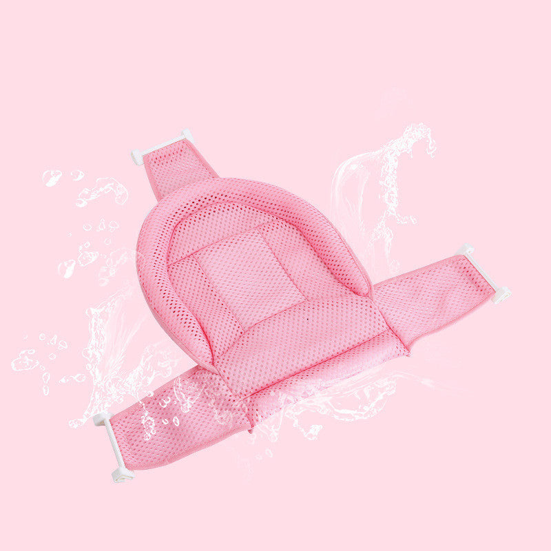 Soft pink baby bath net with white buckles, T-shaped for newborn bathing. Breathable mesh ensures comfort and safety in the tub.