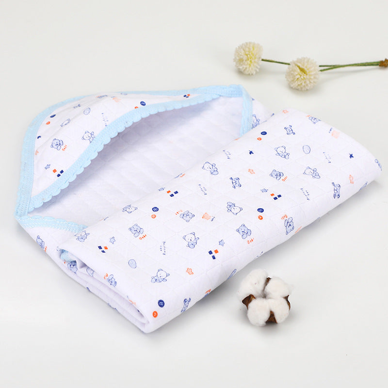 White cotton hooded baby blanket with blue cartoon bear design. Soft and breathable quilt perfect for spring and summer.