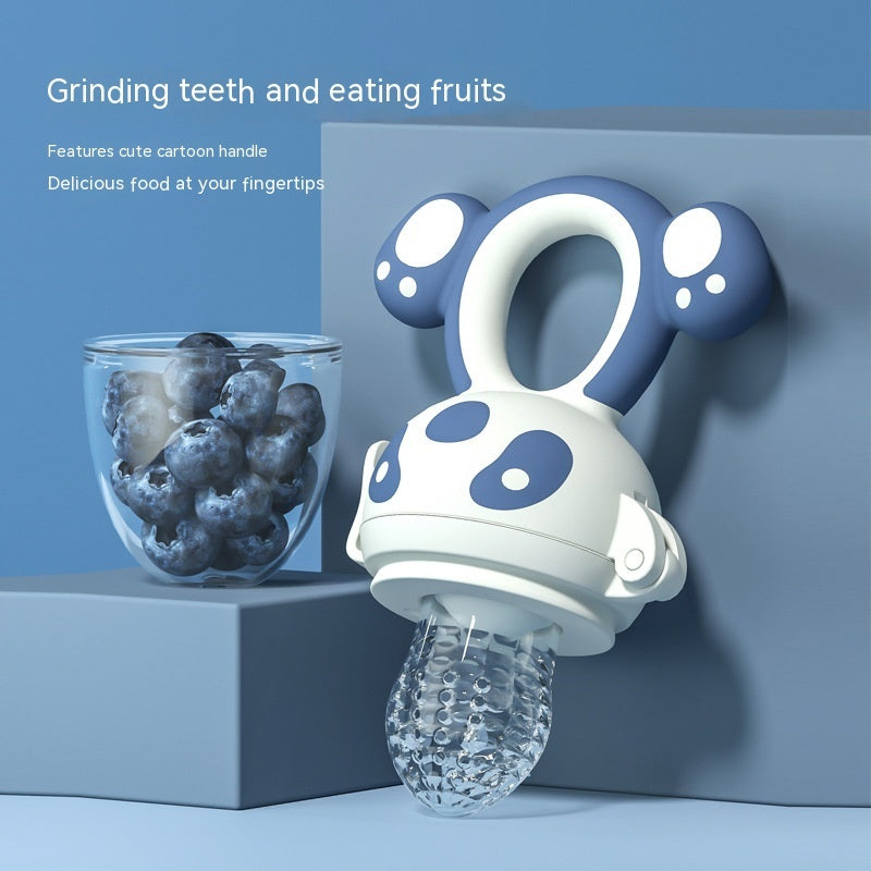 Happy Bite baby fruit feeder teether with soft silicone for introducing non-staple food and soothing teething discomfort.
