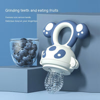 Happy Bite baby fruit feeder teether with soft silicone for introducing non-staple food and soothing teething discomfort.
