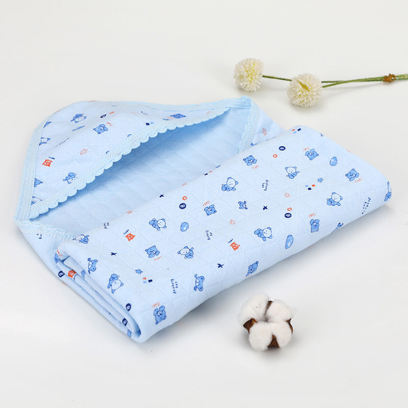 Light blue cotton hooded baby blanket with cartoon bear design. Breathable and soft quilt for summer and spring use.