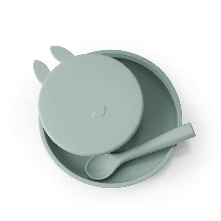 Non-slip silicone baby dinner plate with suction base – BPA-free, divided tray for mess-free toddler feeding.
