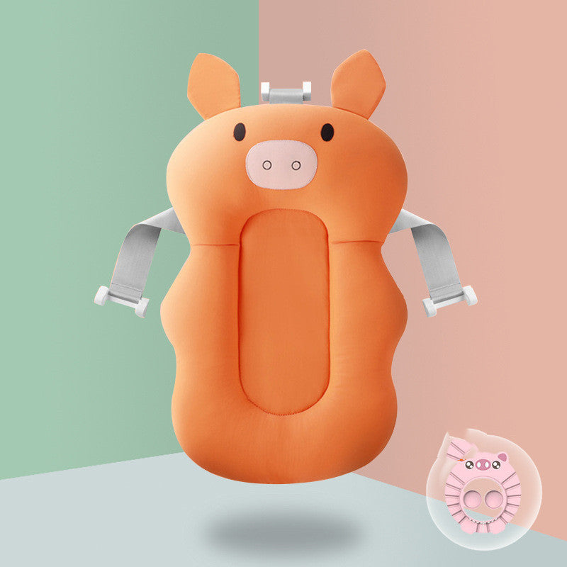 Orange pig Non-slip Sponge Baby Bath with blue rinse cup, designed for safe and spine-supportive baby bathing.