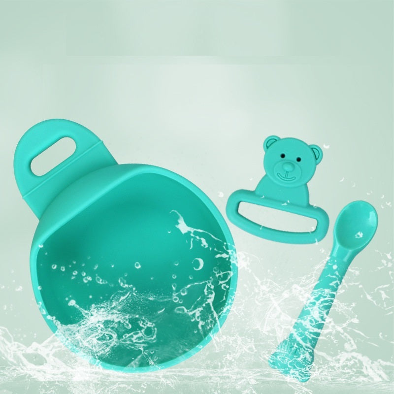 Silicone baby bowl and spoon set – food-grade, BPA-free suction bowl with soft-tip spoon for safe toddler feeding.
