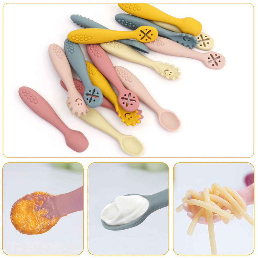 3-pack baby silicone cutlery set with spoons and forks – soft, BPA-free, toddler-friendly utensils.
