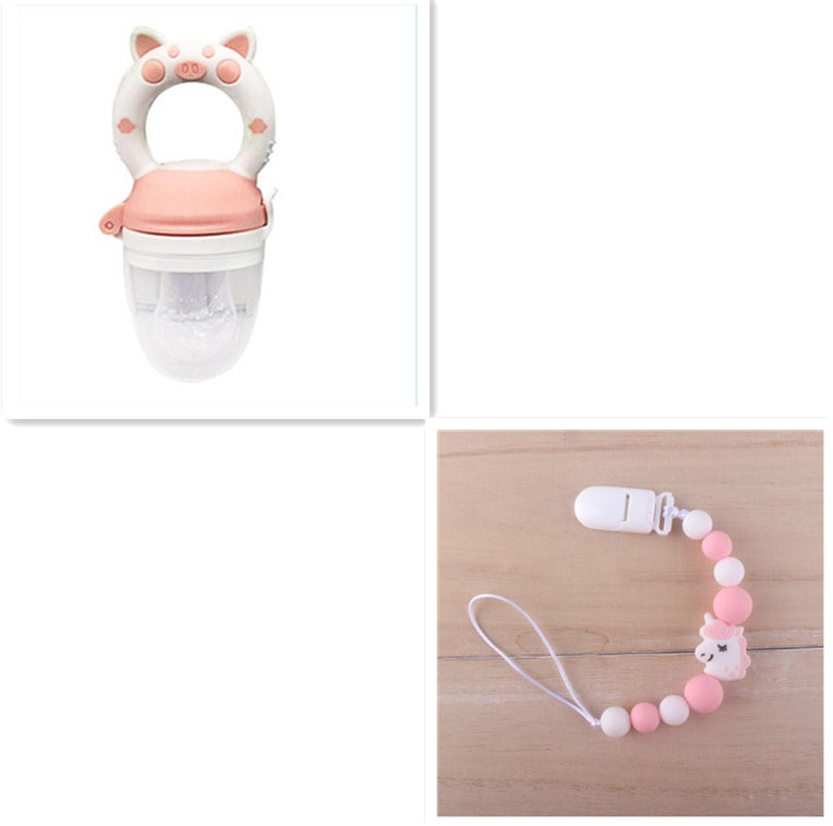 Baby fruit and vegetable feeder with silicone teether, ideal for feeding solids and soothing gums.
