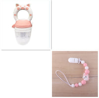 Baby fruit and vegetable feeder with silicone teether, ideal for feeding solids and soothing gums.
