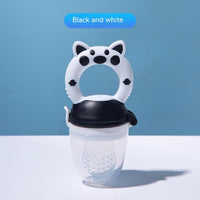 Baby food teether for introducing fruit and vegetable solids; soft silicone feeder soothes teething and encourages self-feeding.

