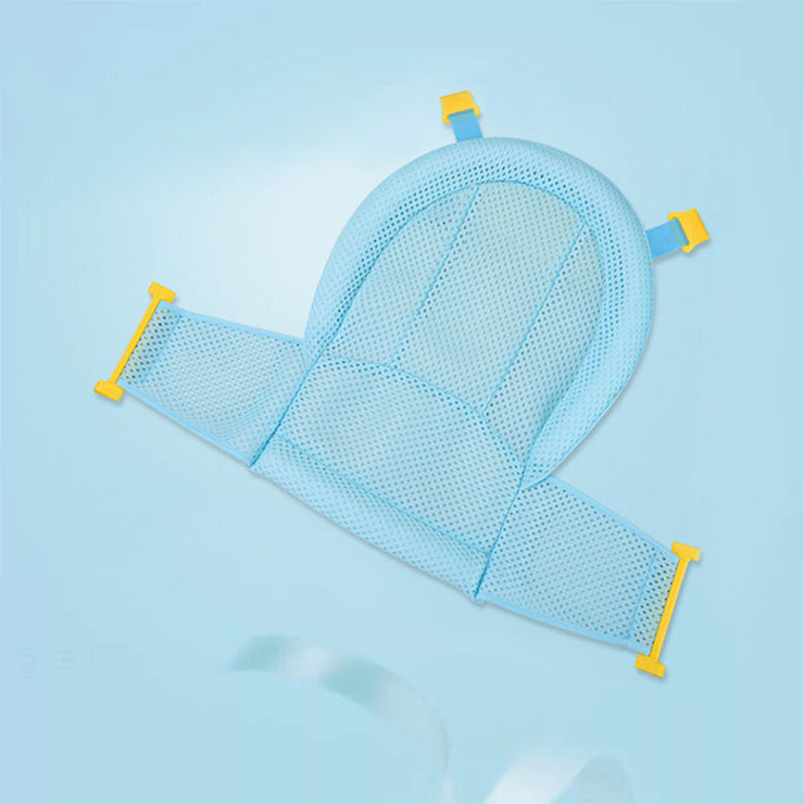 Blue mesh Non-slip Sponge Baby Bath with adjustable straps for spine protection and secure infant support during bath time.
