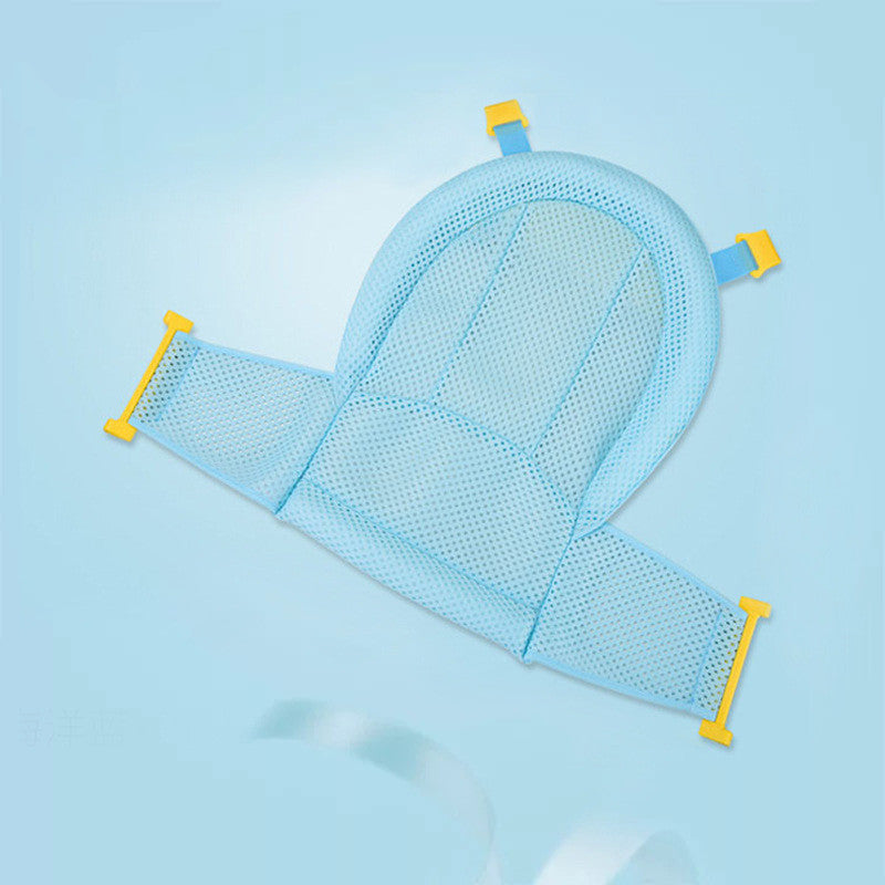 Aqua bear-shaped Non-slip Sponge Baby Bath with headrest and safety straps, designed for spine protection and comfort.