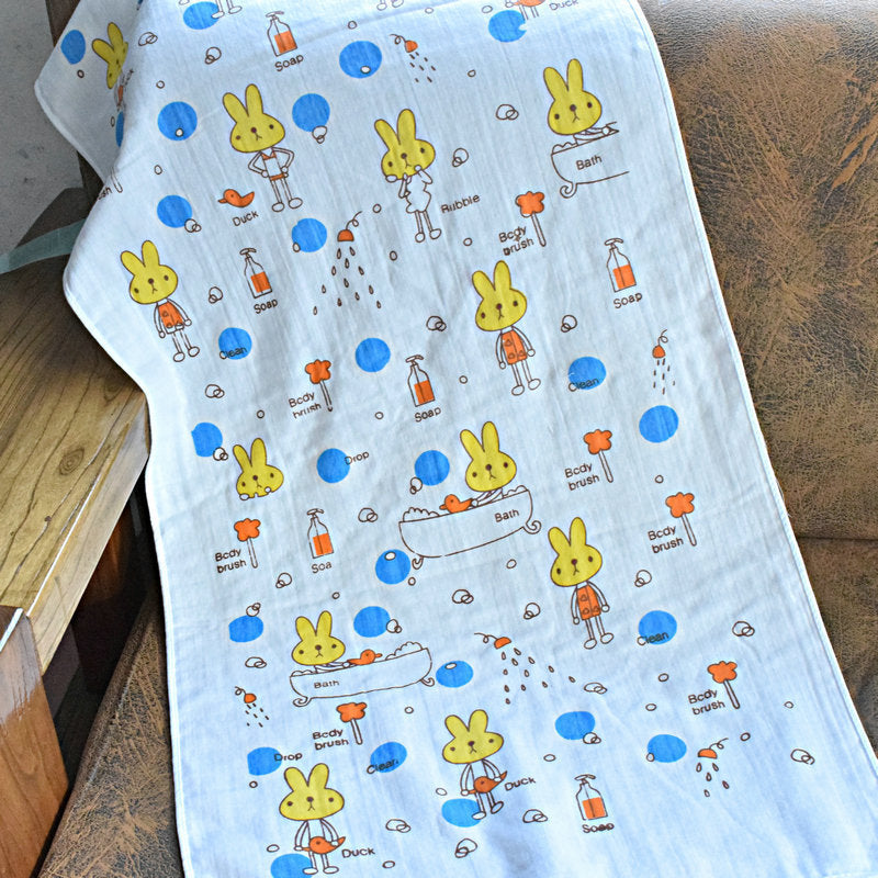 Cartoon Baby Bath Towel - Cotton Yarn | Lightweight, 60x120cm, featuring yellow bunny characters with bath-time illustrations and blue bubbles.