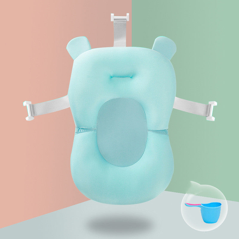 Pink mesh Non-slip Sponge Baby Bath with yellow clips, offering spine protection and secure infant bathing.