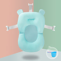 Pink mesh Non-slip Sponge Baby Bath with yellow clips, offering spine protection and secure infant bathing.