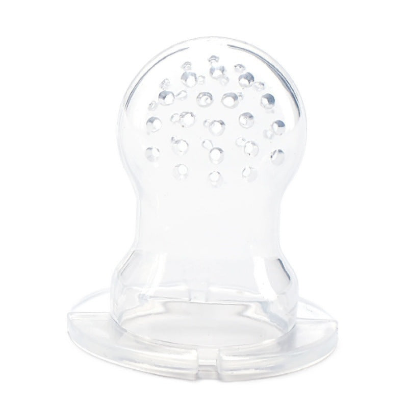 Baby food teether for introducing fruit and vegetable solids; soft silicone feeder soothes teething and encourages self-feeding.
