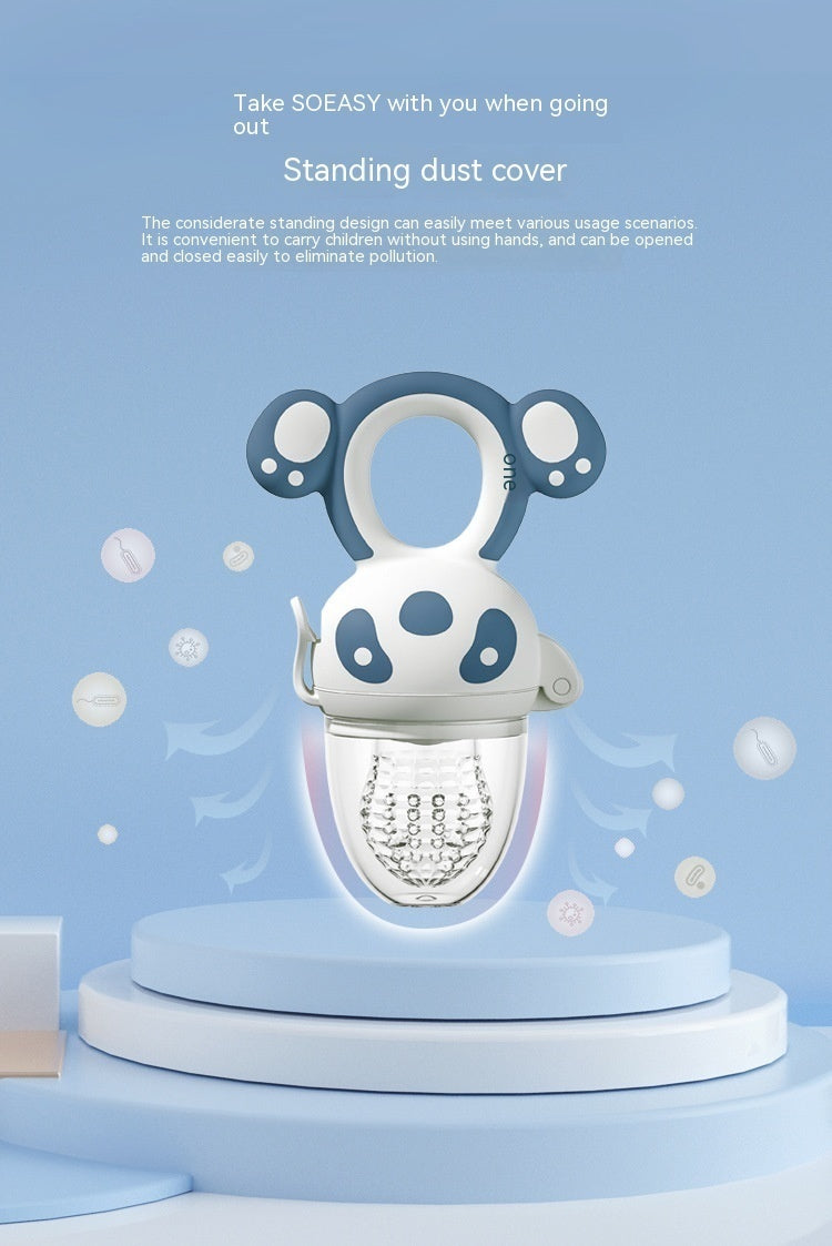 Happy Bite baby fruit feeder teether with soft silicone for introducing non-staple food and soothing teething discomfort.
