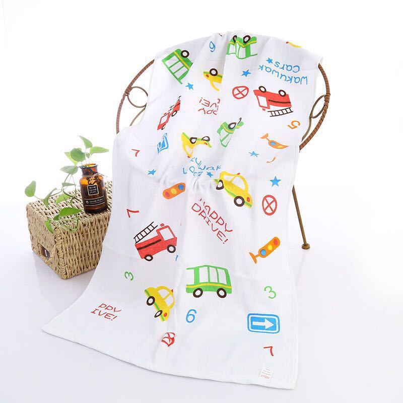 Cartoon Baby Bath Towel - Cotton Yarn | Lightweight, 60x120cm, decorated with colorful cars, traffic signs, and playful text.