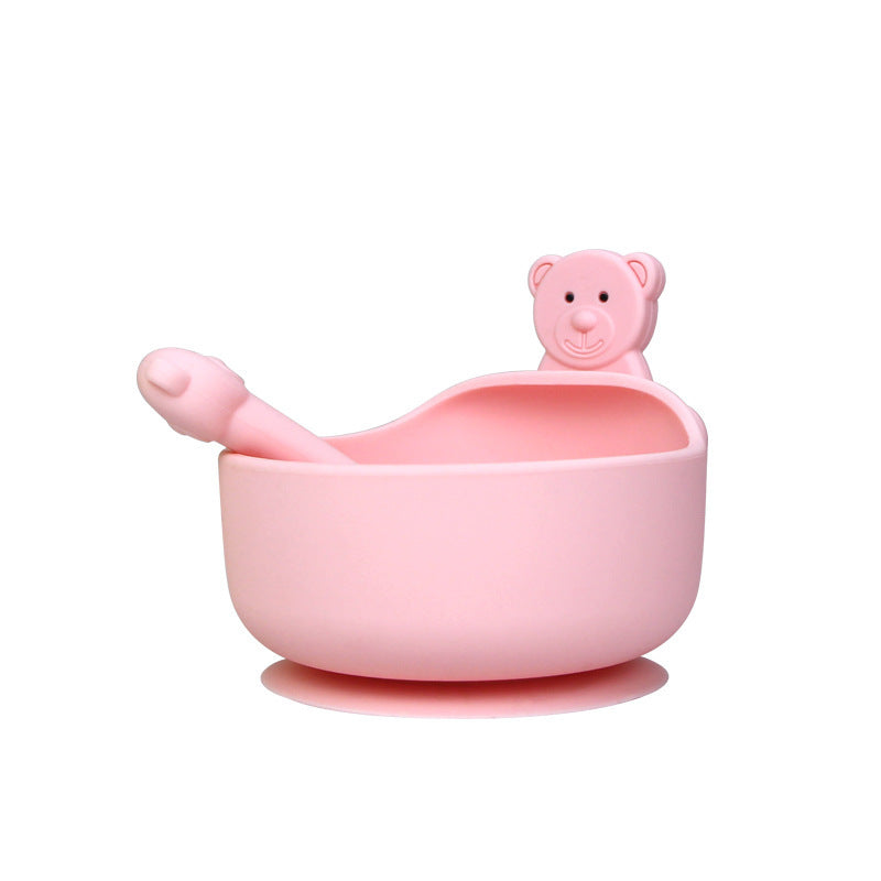 Silicone baby bowl and spoon set – food-grade, BPA-free suction bowl with soft-tip spoon for safe toddler feeding.
