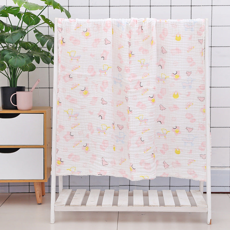 Colorful cloud print cotton baby bath towel with six-layer seersucker quilt, breathable and quick-drying for baby care.