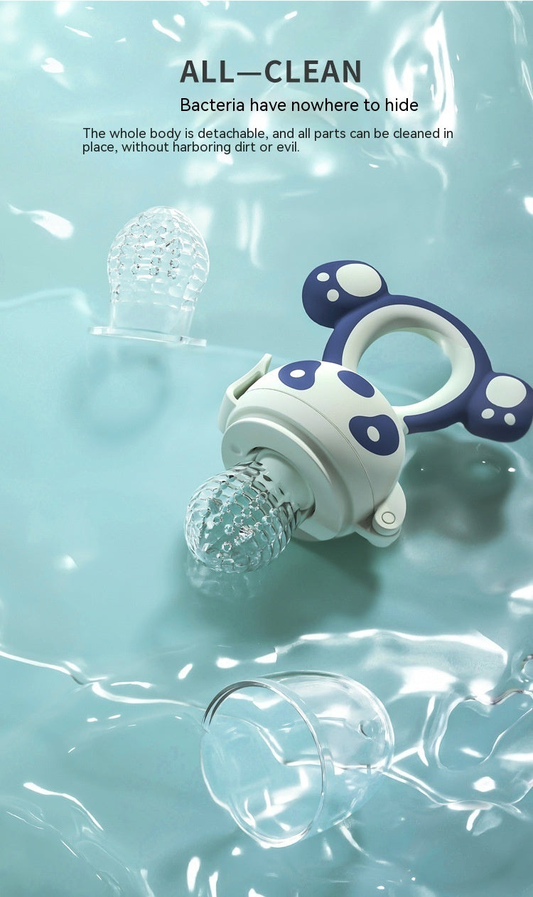 Happy Bite baby fruit feeder teether with soft silicone for introducing non-staple food and soothing teething discomfort.
