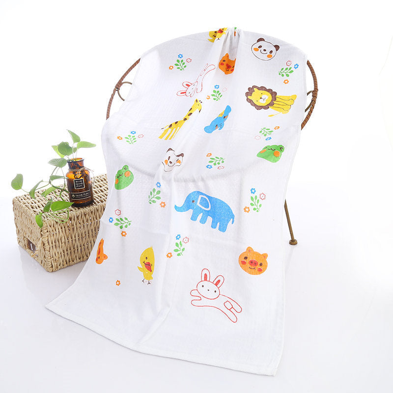 Cartoon Baby Bath Towel - Cotton Yarn | Lightweight, 60x120cm, featuring cute animal characters like lions, elephants, and rabbits.