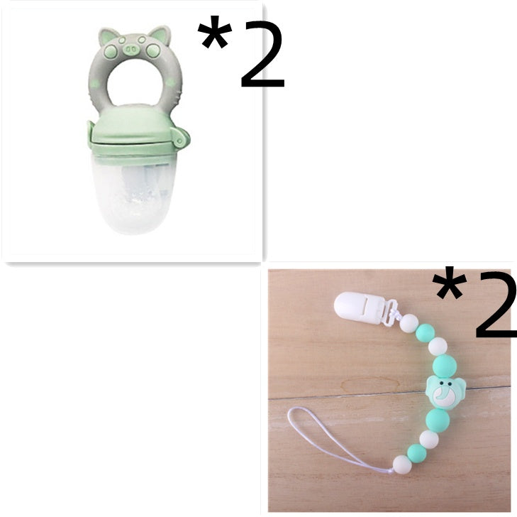 Baby fruit and vegetable feeder with silicone teether, ideal for feeding solids and soothing gums.

