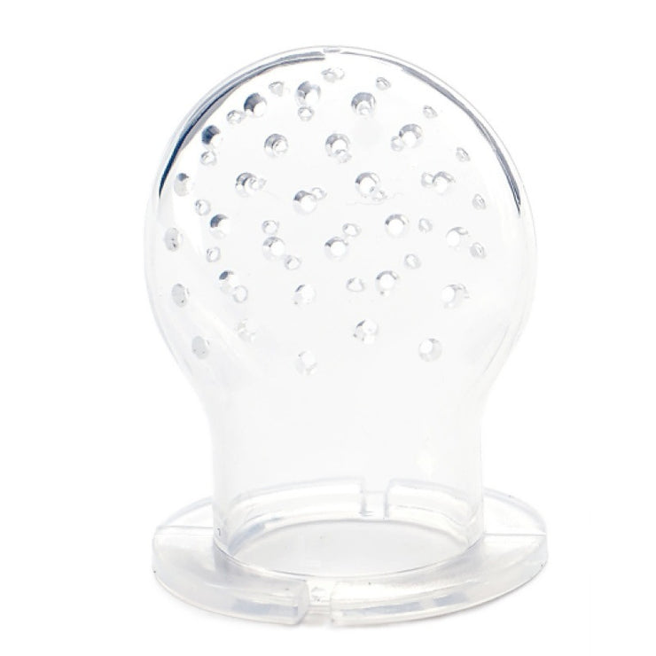 Baby food teether for introducing fruit and vegetable solids; soft silicone feeder soothes teething and encourages self-feeding.
