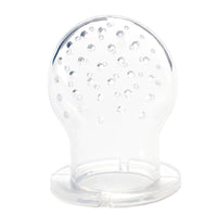 Baby food teether for introducing fruit and vegetable solids; soft silicone feeder soothes teething and encourages self-feeding.
