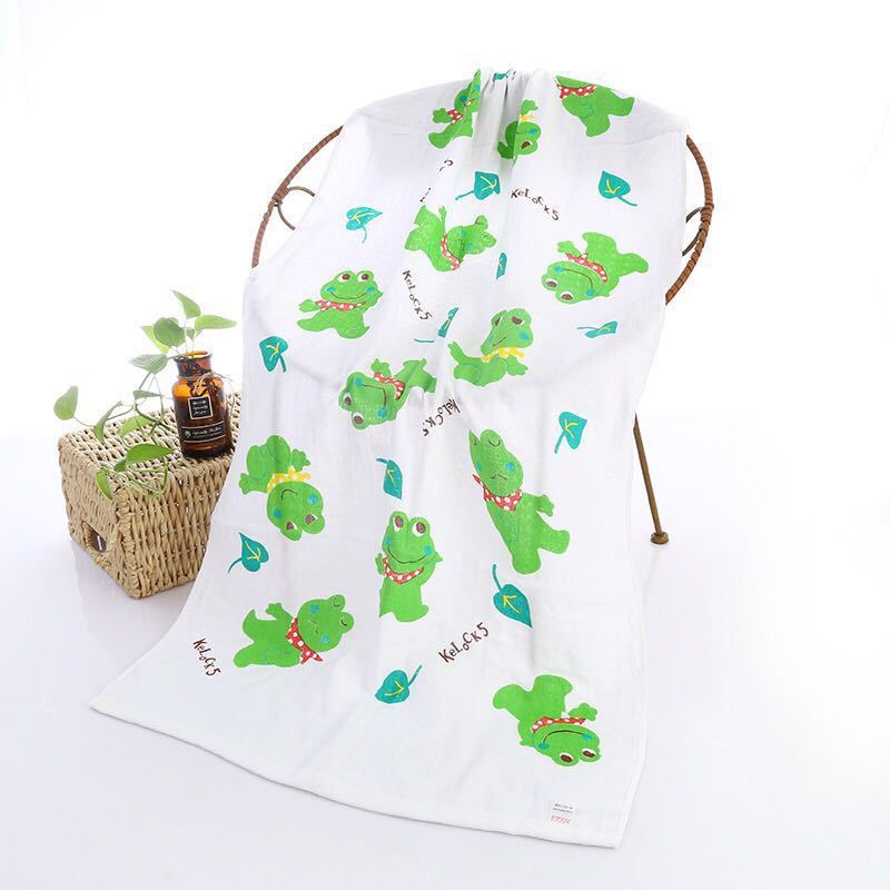 Cartoon Baby Bath Towel - Cotton Yarn | Lightweight, 60x120cm, with green cartoon frogs and leaves on soft white gauze fabric.