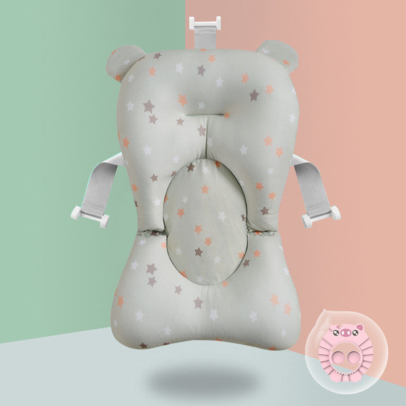 Star-patterned Non-slip Sponge Baby Bath with blue rinse cup, offering spine support and safe bath time.
