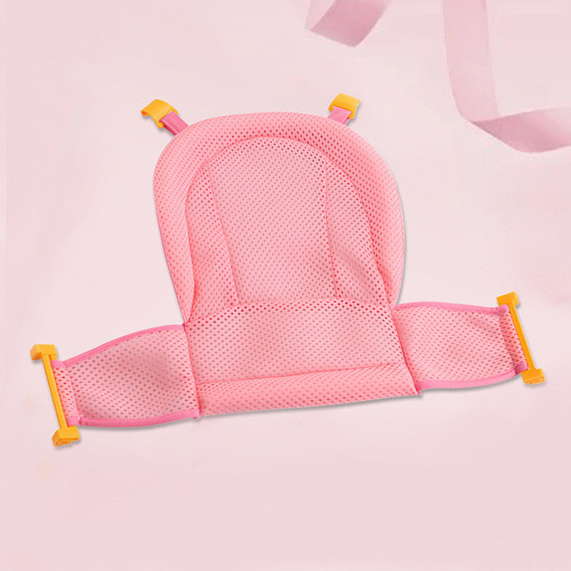 Pink bear-shaped Non-slip Sponge Baby Bath with headrest and straps for safe and spine-supportive infant bathing.