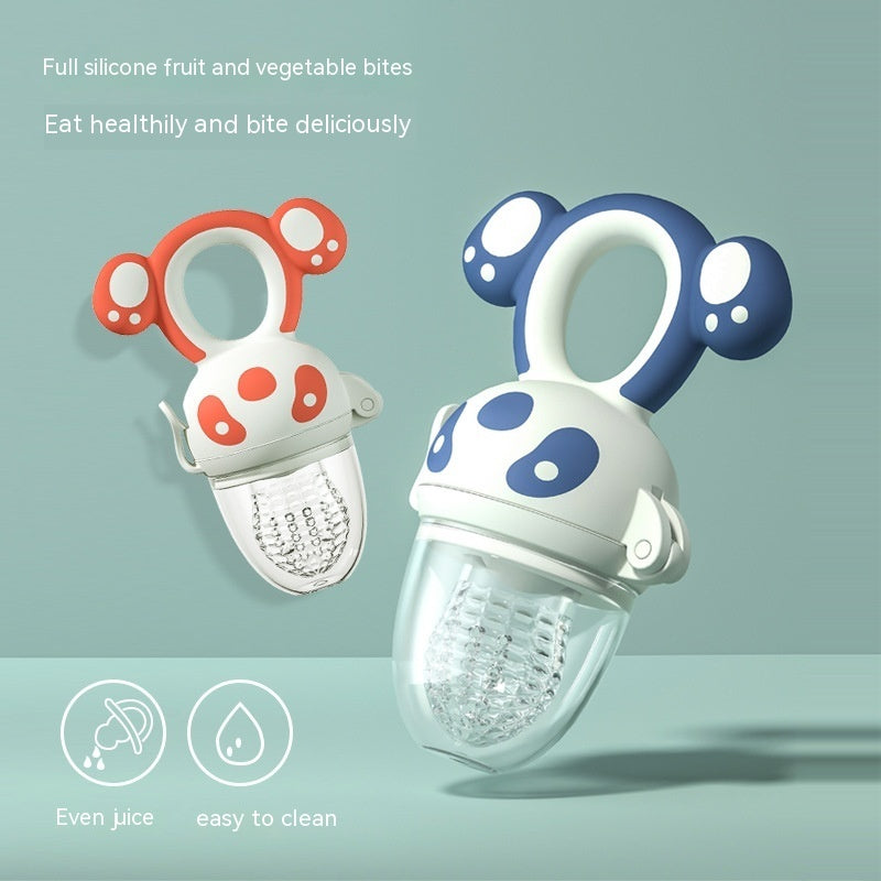 Happy Bite baby fruit feeder teether with soft silicone for introducing non-staple food and soothing teething discomfort.
