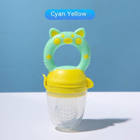 Baby food teether for introducing fruit and vegetable solids; soft silicone feeder soothes teething and encourages self-feeding.
